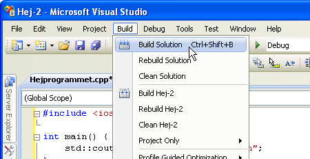 Menyval i Visual Studio-fnstret