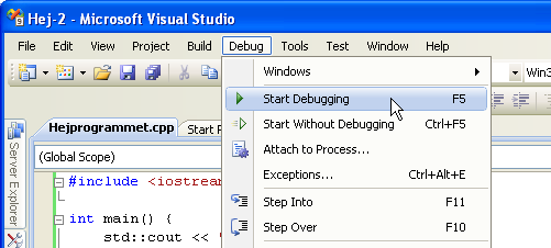 Menyval i Visual Studio-fnstret