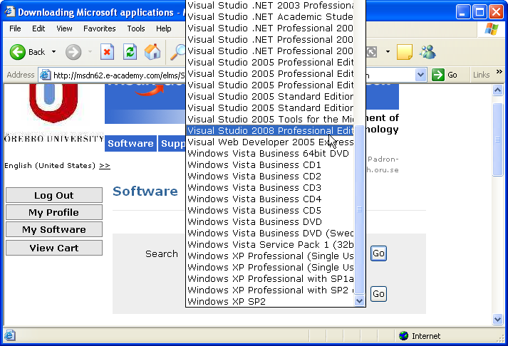 Programvalssidan p MSDN Academic Alliance