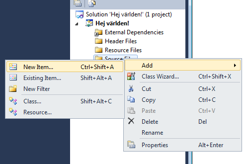 Menyval i Visual Studio-fnstret