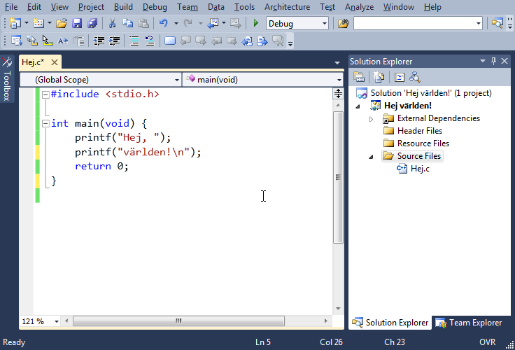 Redigeringsrutan i Visual Studio-fnstret