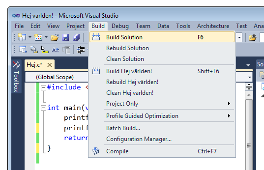 Menyval i Visual Studio-fnstret