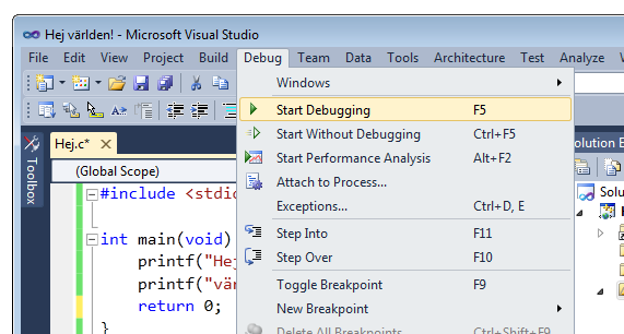 Menyval i Visual Studio-fnstret
